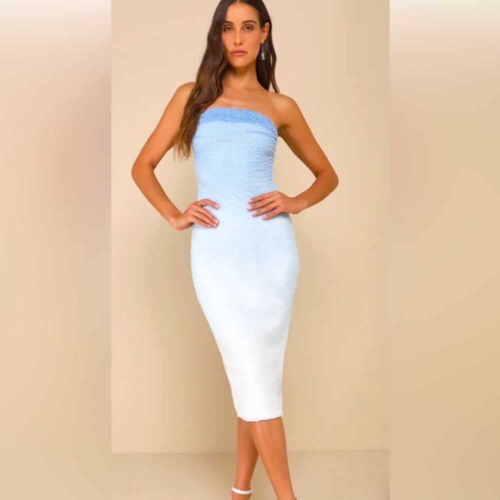 Blue Ombre Beaded Strapless Midi Dress